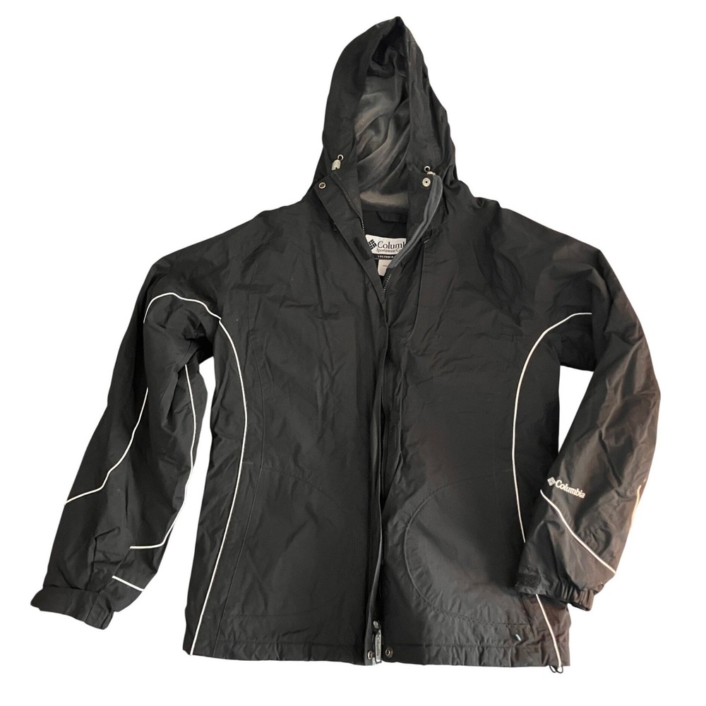 Columbia Womens Waterproof Rain Jacket‎ Black White Piping Hooded Large